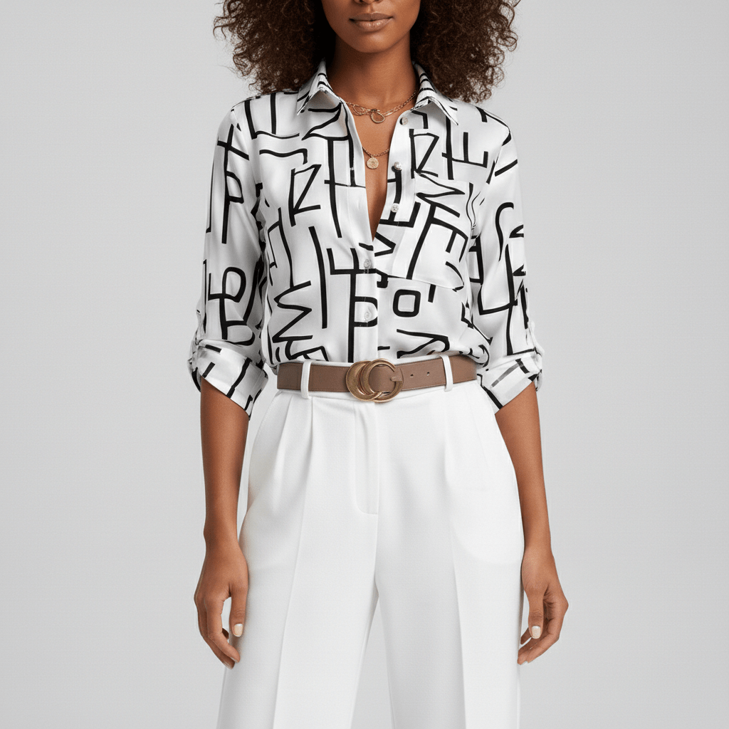 Lily Relaxed Fit Printed Button Blouse with Collar - Crisp White