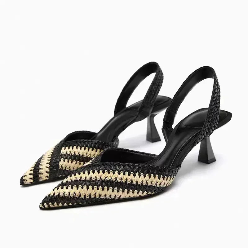 Lottie Pointed Toe Slingback Heels with Striped Upper - Zebra Black