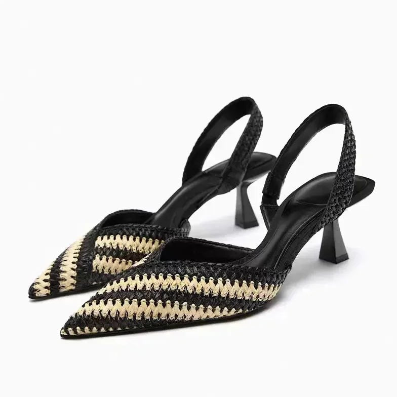 Lottie Pointed Toe Slingback Heels with Striped Upper - Zebra Black