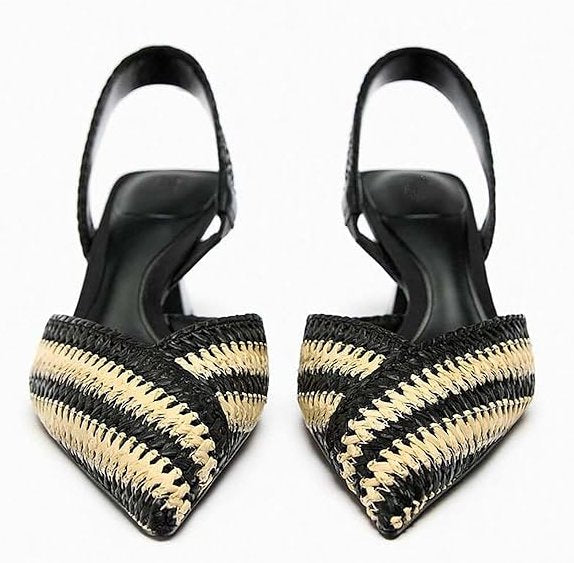 Lottie Pointed Toe Slingback Heels with Striped Upper