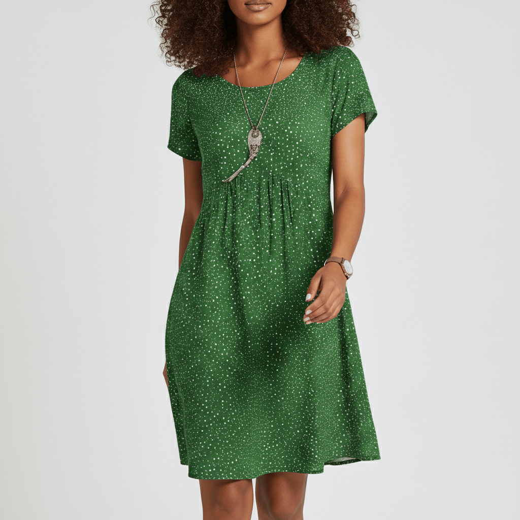 Lumi Printed Midi Dress with Short Sleeves and Gathered Waist - Meadow Green