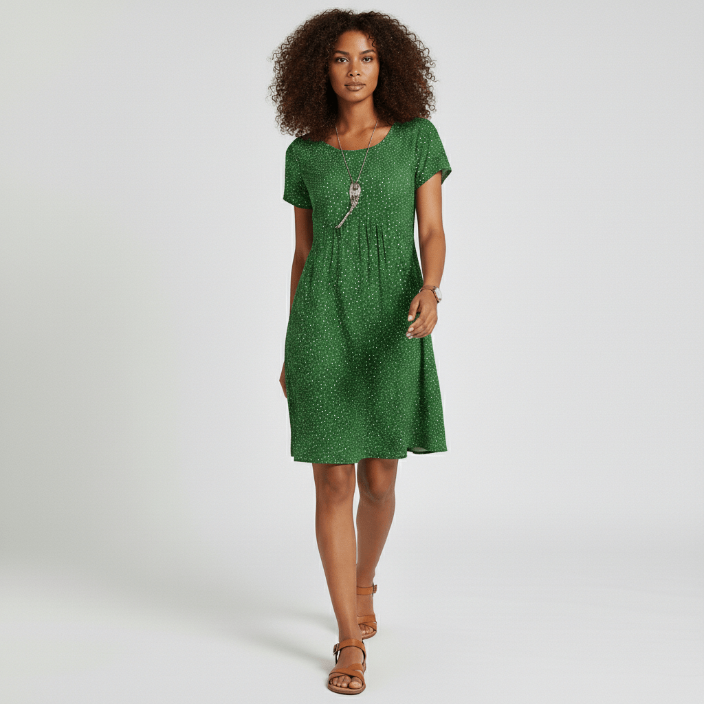 Lumi Printed Midi Dress with Short Sleeves and Gathered Waist