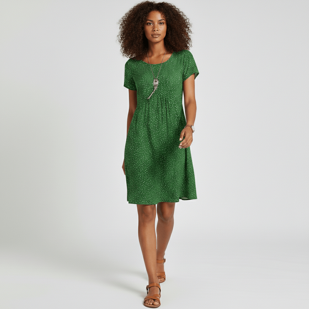 Lumi Printed Midi Dress with Short Sleeves and Gathered Waist