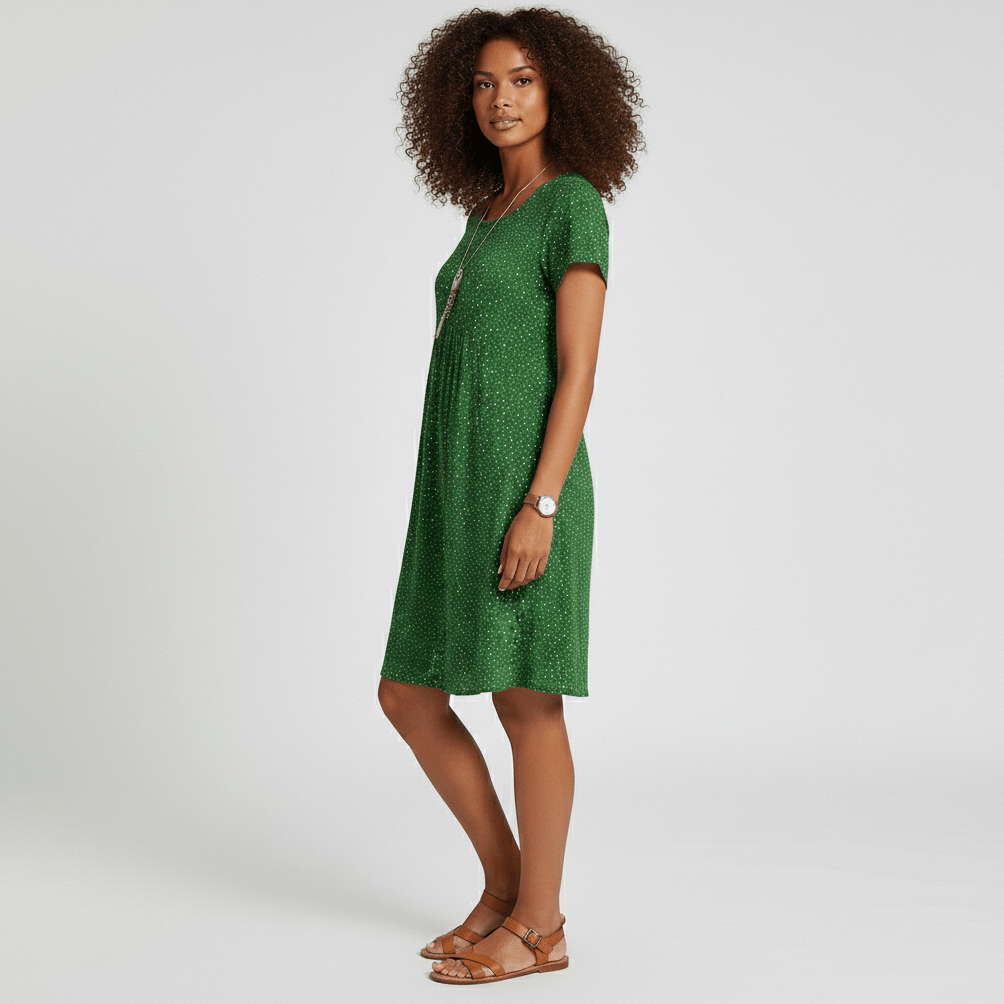 Lumi Printed Midi Dress with Short Sleeves and Gathered Waist