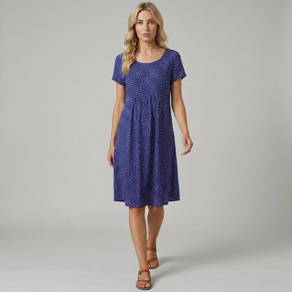 Lumi Printed Midi Dress with Short Sleeves and Gathered Waist