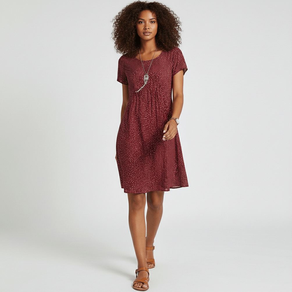 Lumi Printed Midi Dress with Short Sleeves and Gathered Waist