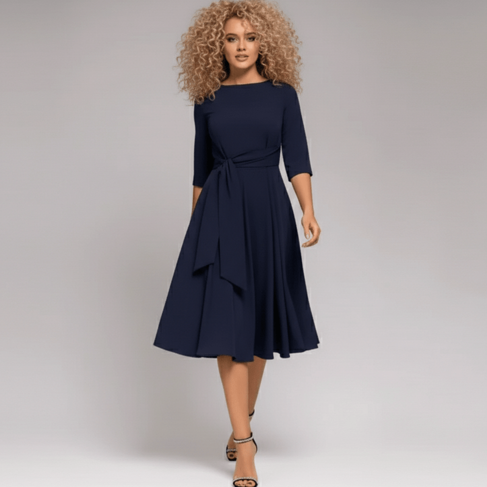Marigold Blue A-Line Midi Dress with Tie Waist and 3/4 Sleeves