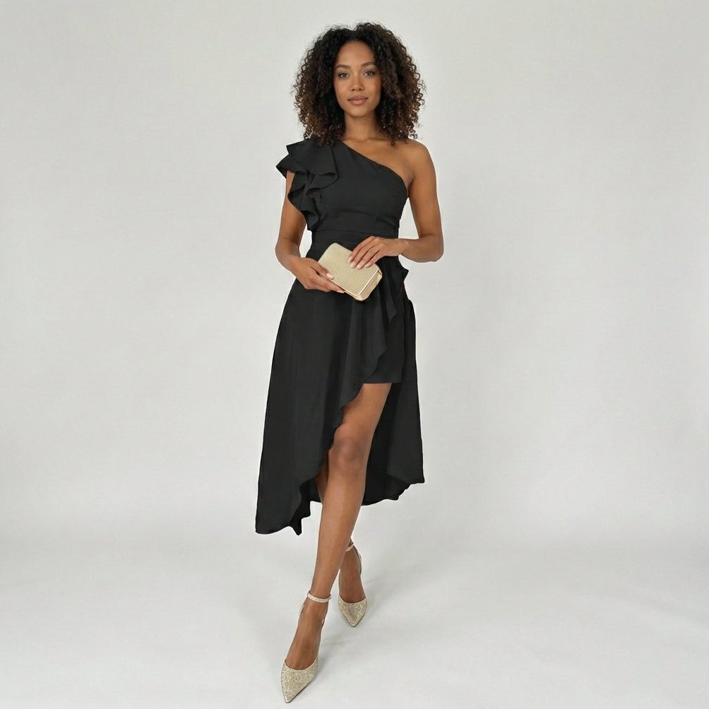 Marisa One Shoulder Cocktail Midi Dress with Asymmetric Ruffle Hem