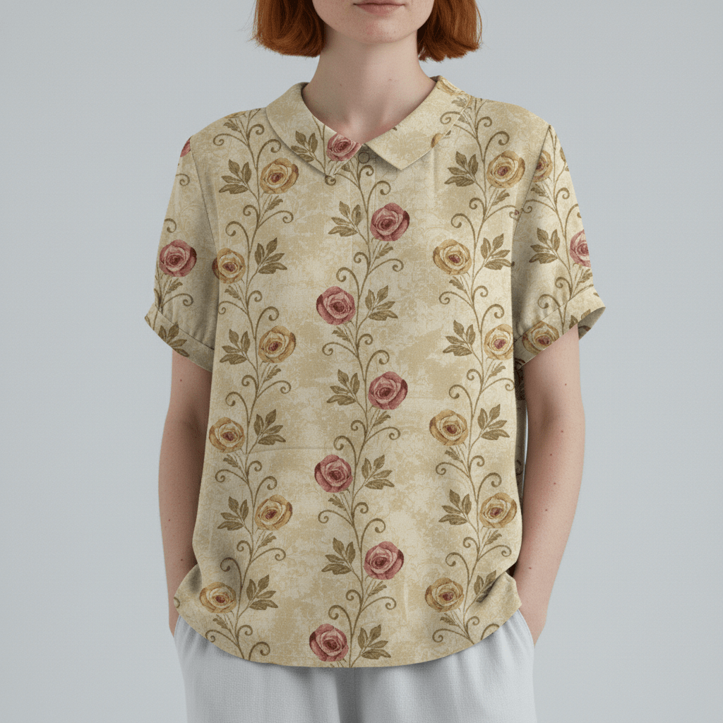Mona Floral Print Short Sleeve Blouse with Peter Pan Collar - Blossom Beige
