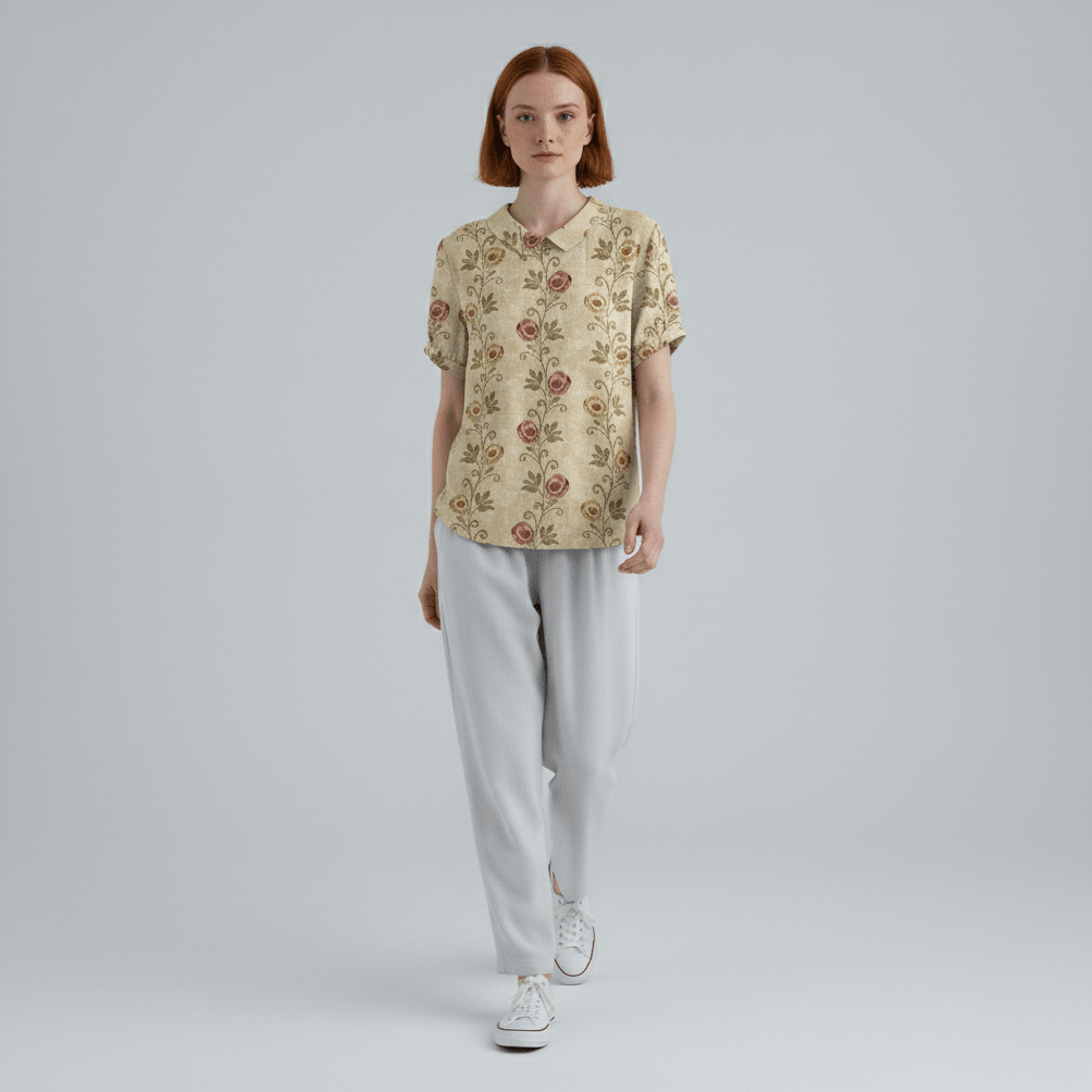 Mona Floral Print Short Sleeve Blouse with Peter Pan Collar