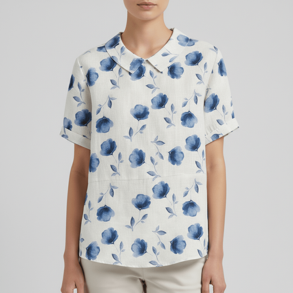 Mona Floral Print Short Sleeve Blouse with Peter Pan Collar - Ink Blue