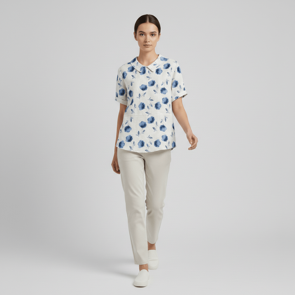 Mona Floral Print Short Sleeve Blouse with Peter Pan Collar