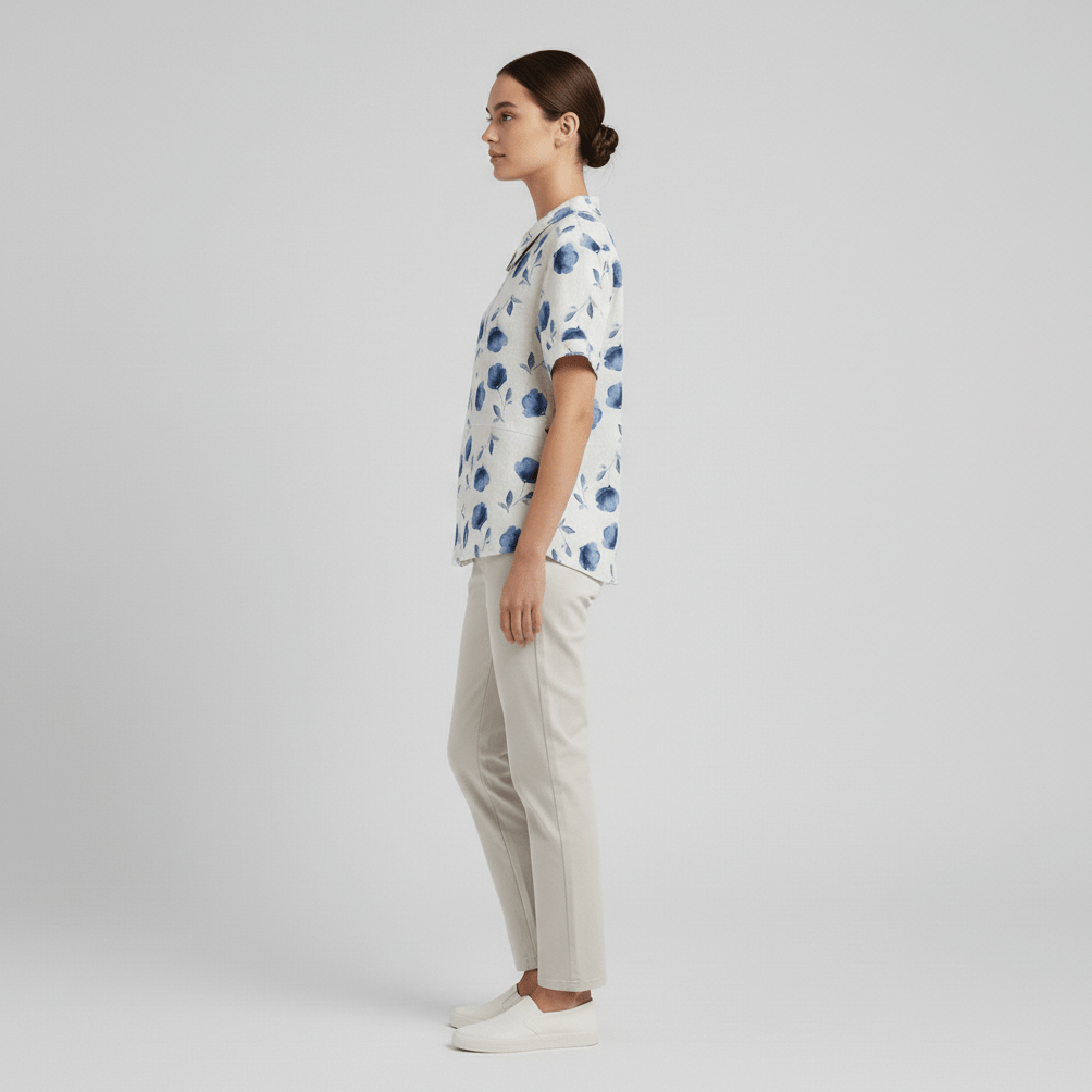 Mona Floral Print Short Sleeve Blouse with Peter Pan Collar