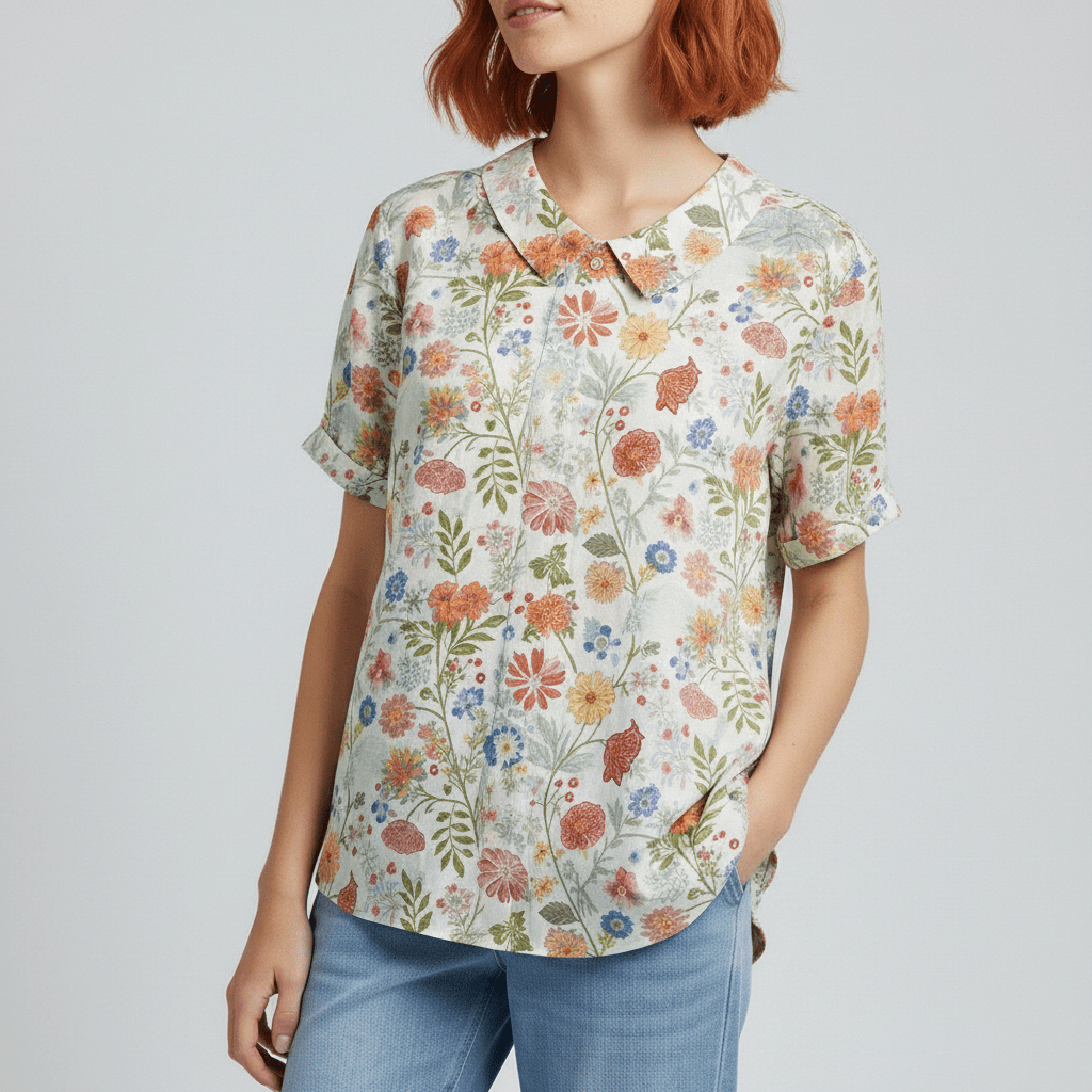 Mona Floral Print Short Sleeve Blouse with Peter Pan Collar - Vibrant Multicolor