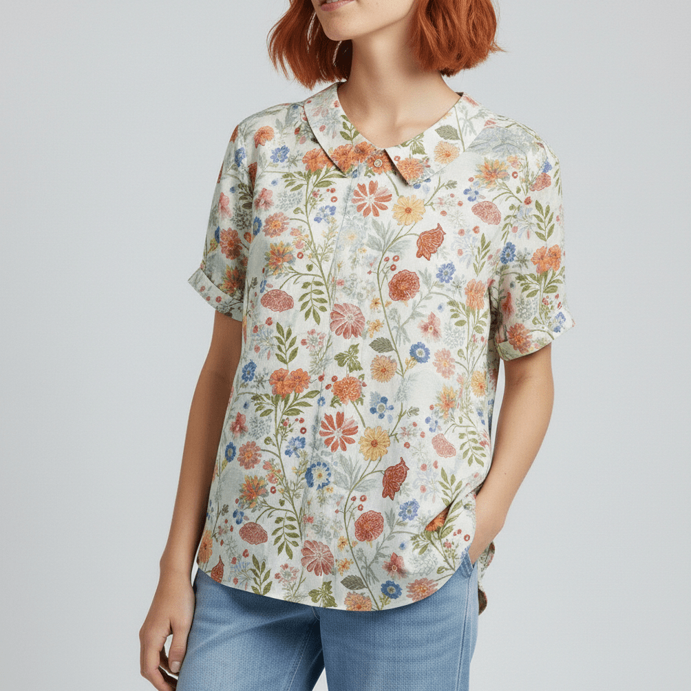 Mona Floral Print Short Sleeve Blouse with Peter Pan Collar - Vibrant Multicolor