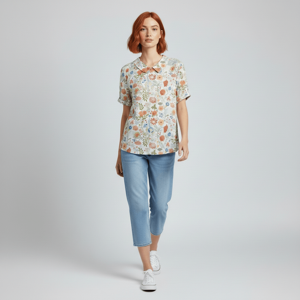 Mona Floral Print Short Sleeve Blouse with Peter Pan Collar