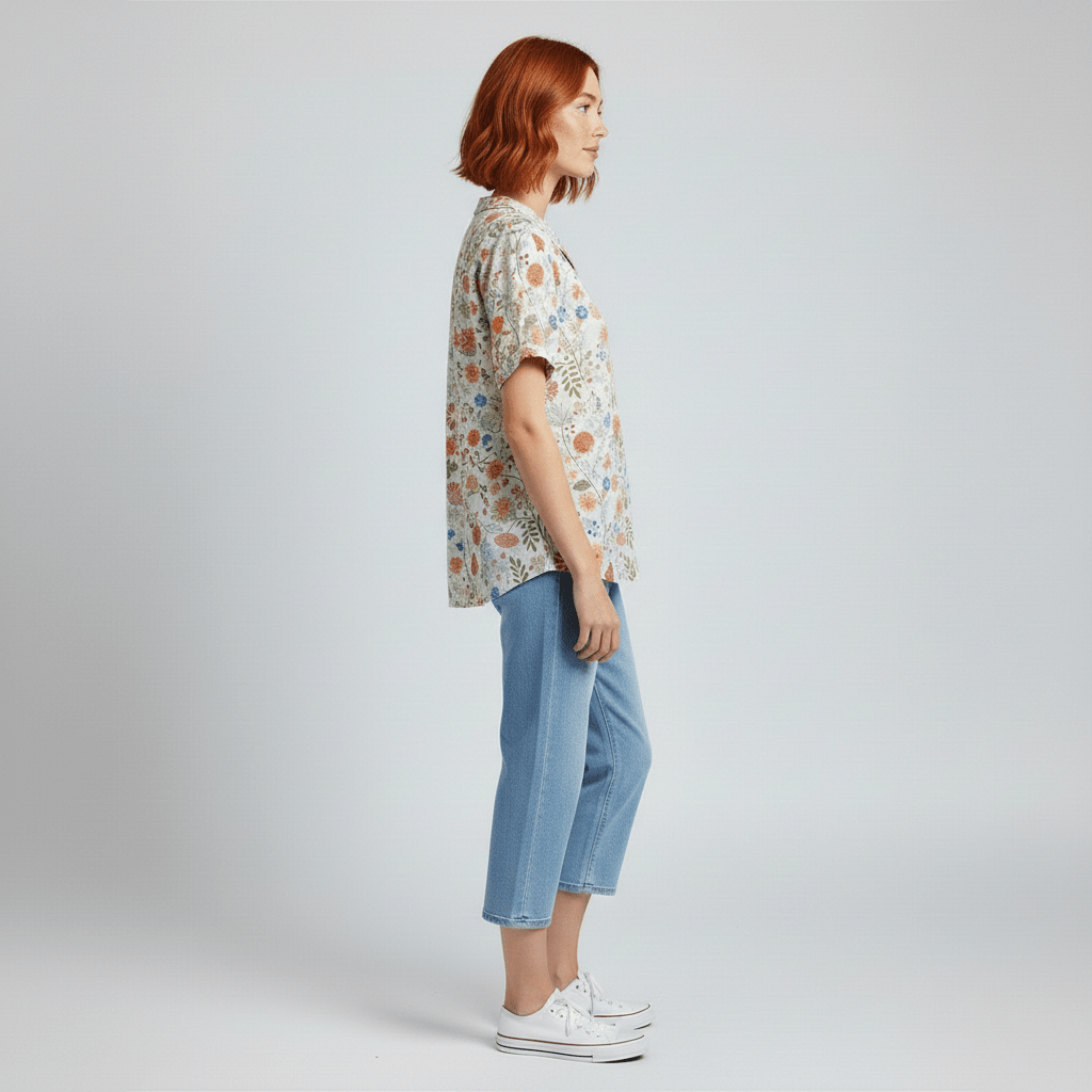 Mona Floral Print Short Sleeve Blouse with Peter Pan Collar