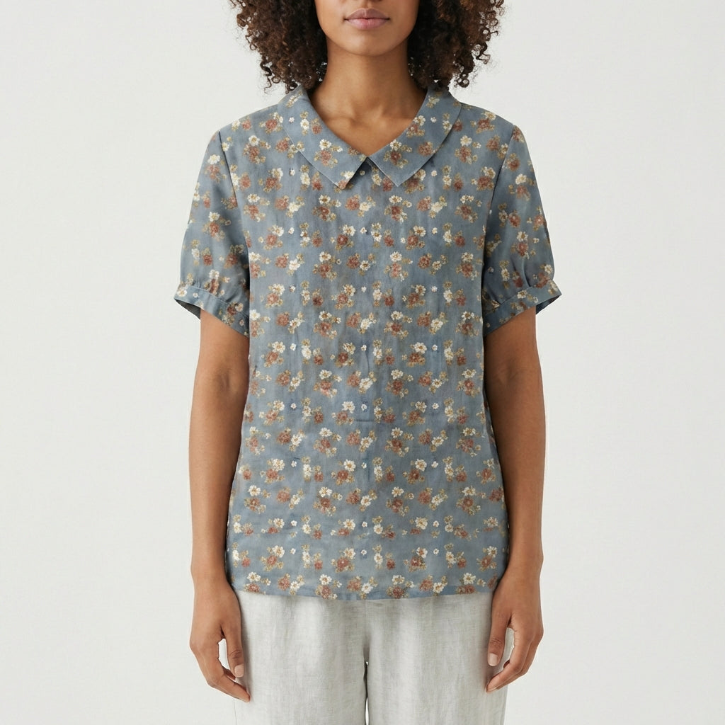 Mona Floral Print Short Sleeve Blouse with Peter Pan Collar - Muted Blue