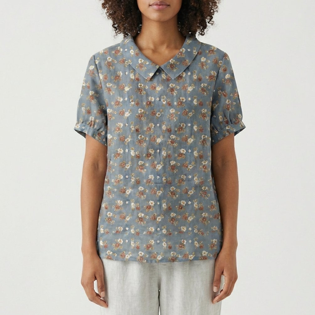 Mona Floral Print Short Sleeve Blouse with Peter Pan Collar - Muted Blue