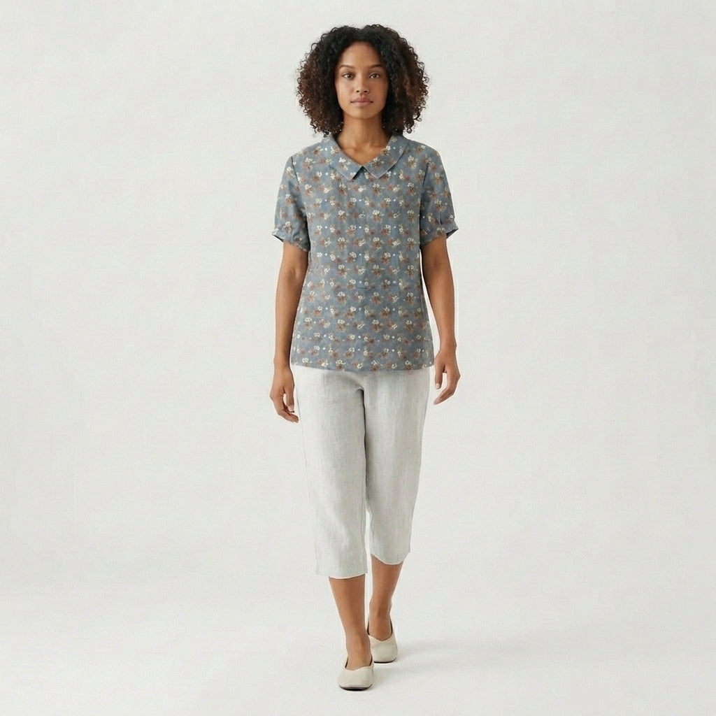 Mona Floral Print Short Sleeve Blouse with Peter Pan Collar