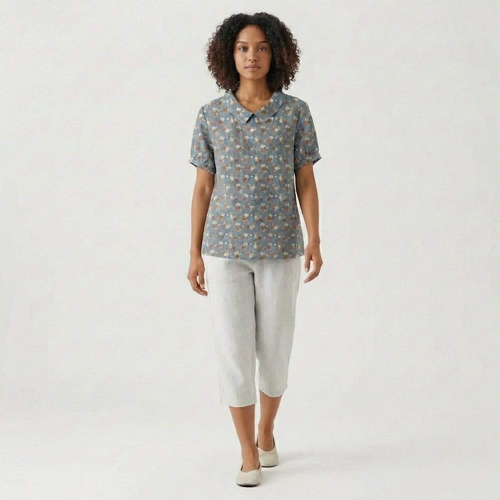 Mona Floral Print Short Sleeve Blouse with Peter Pan Collar