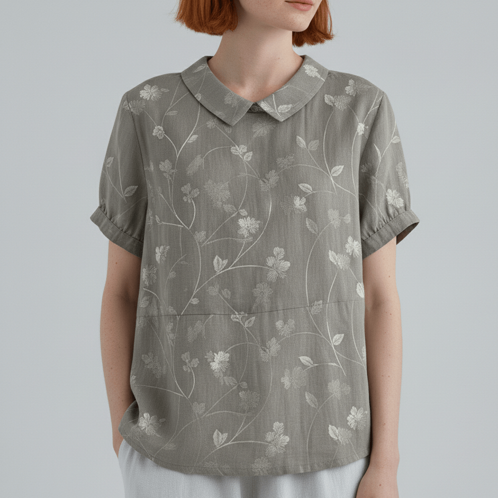 Mona Floral Print Short Sleeve Blouse with Peter Pan Collar - Whisper Gray