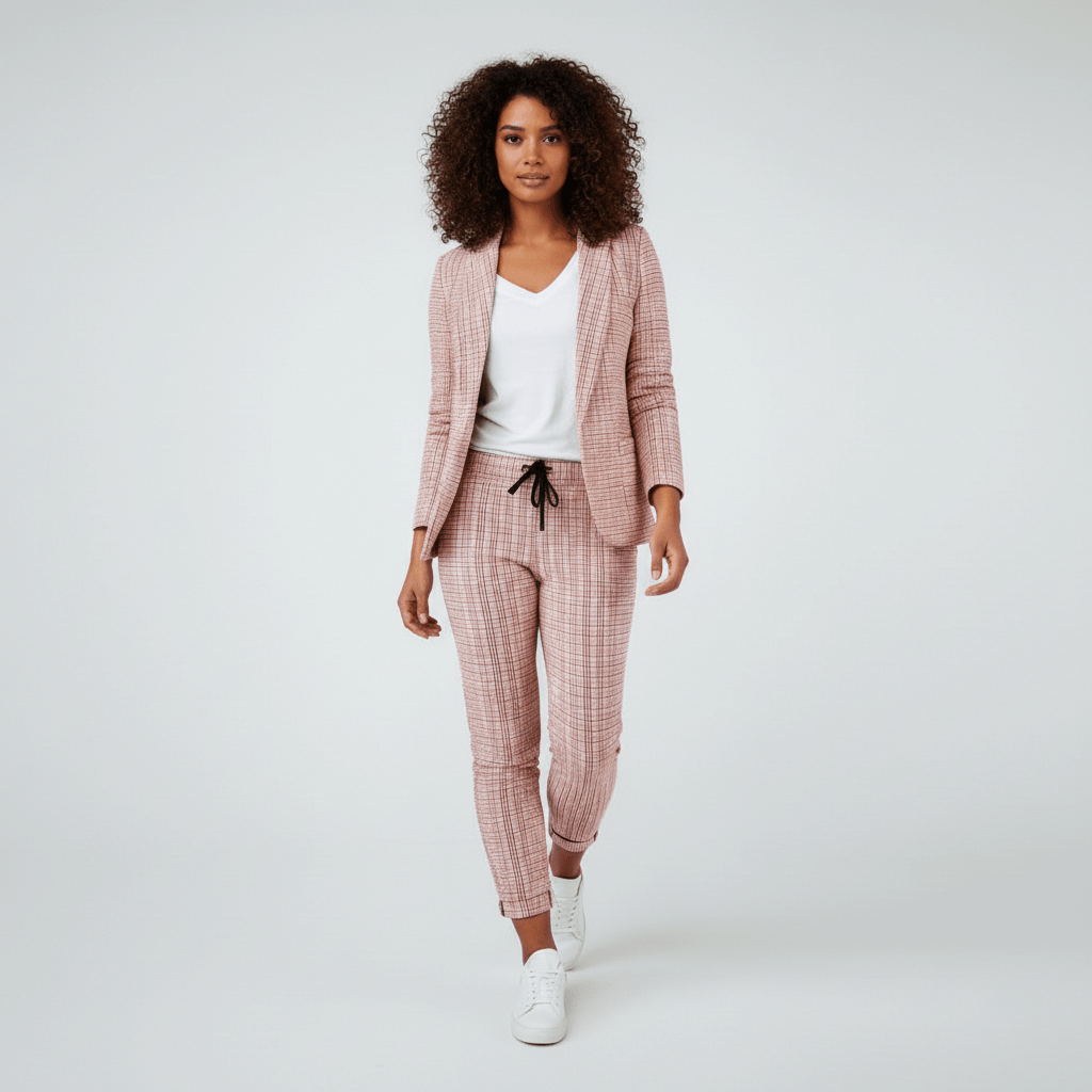 Moya Two Piece Set Plaid Blazer and Slim Fit Pants - Soft Pink