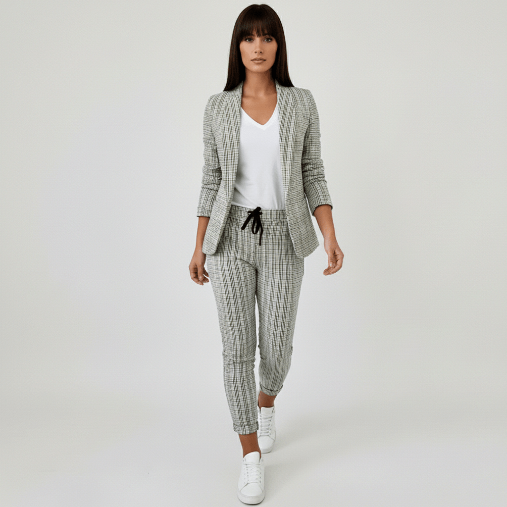 Moya Two Piece Set Plaid Blazer and Slim Fit Pants - Silver Gray