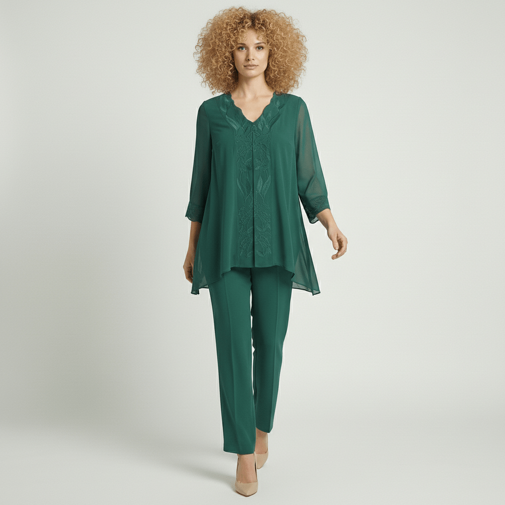 Nichola Two Piece Set with Embroidered Tunic and Straight Pants - Forest Green