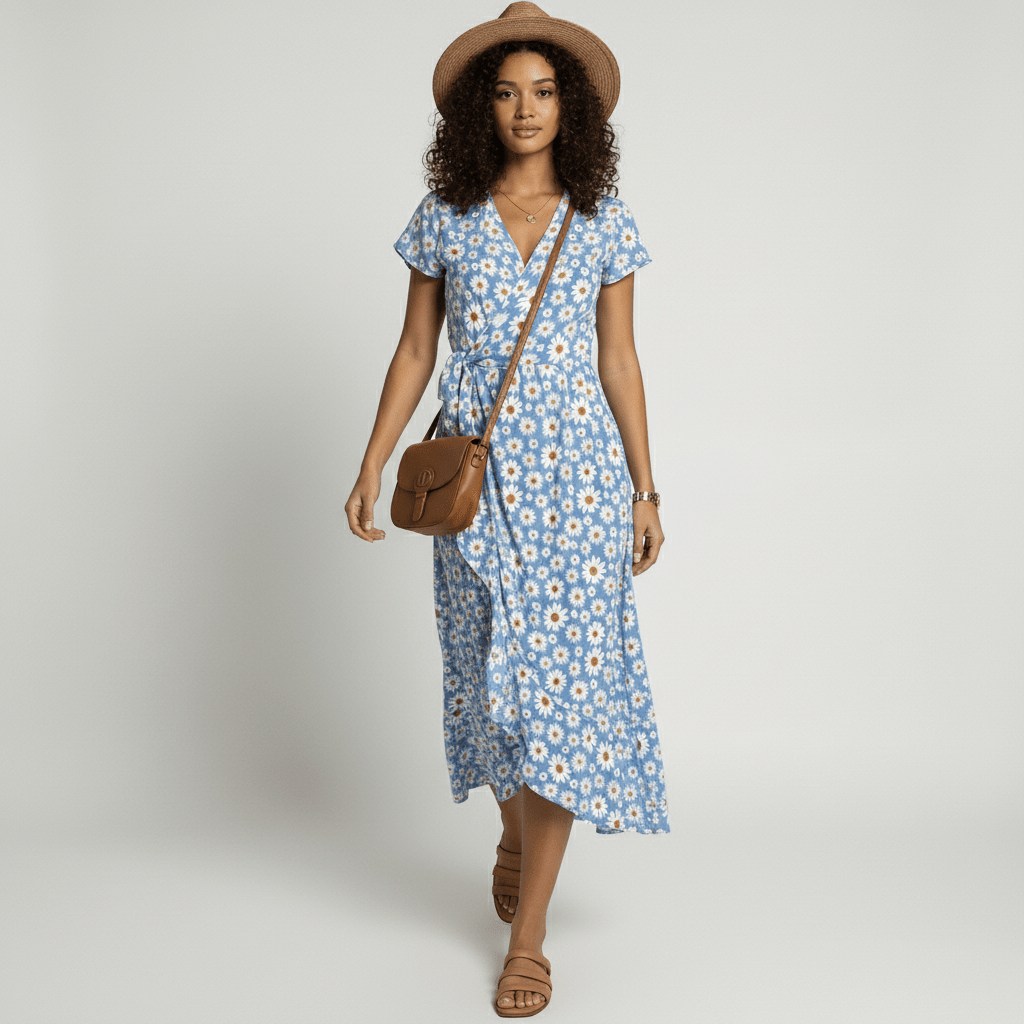 Patsy Floral Wrap Midi Dress with V-Neck and Short Sleeves