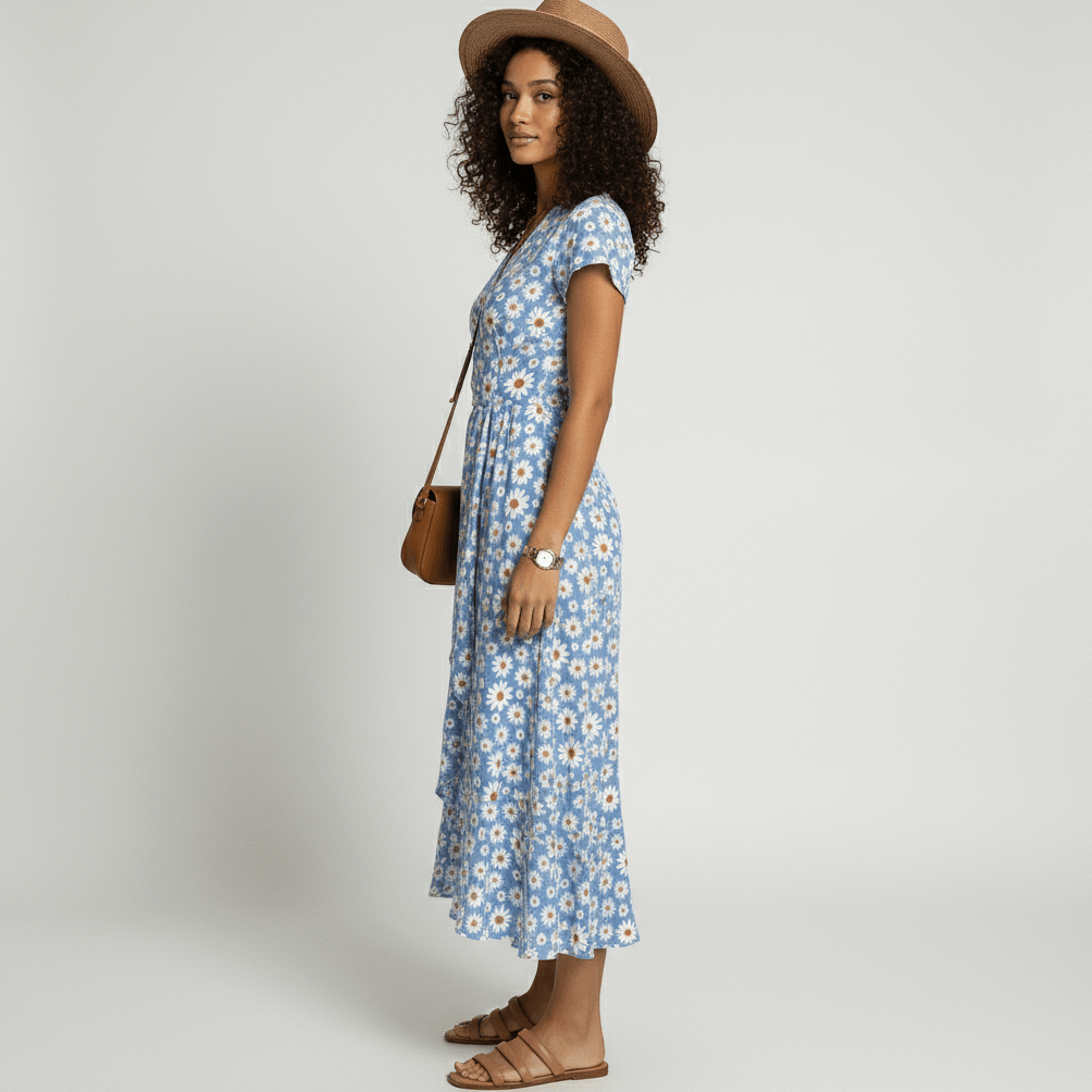 Patsy Floral Wrap Midi Dress with V-Neck and Short Sleeves