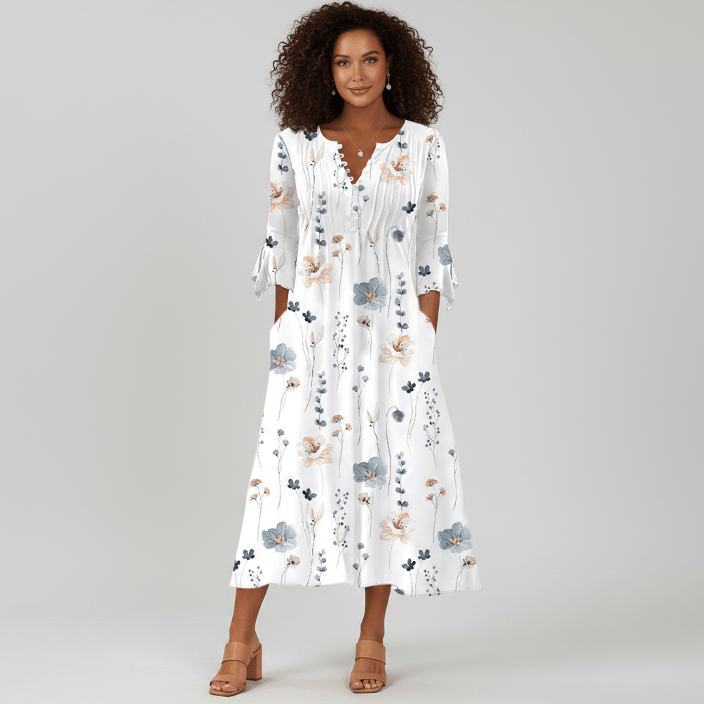Portia Floral Print Midi Dress with V-Neck Button Front - Pastel Multicolor
