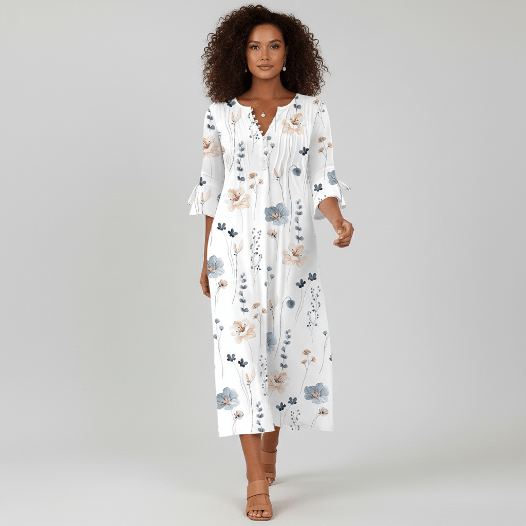 Portia Floral Print Midi Dress with V-Neck Button Front