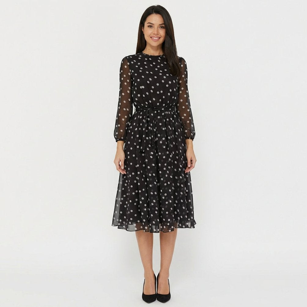 Robyn Polka Dot Mesh Midi Dress with Sheer Sleeves - Midnight Black