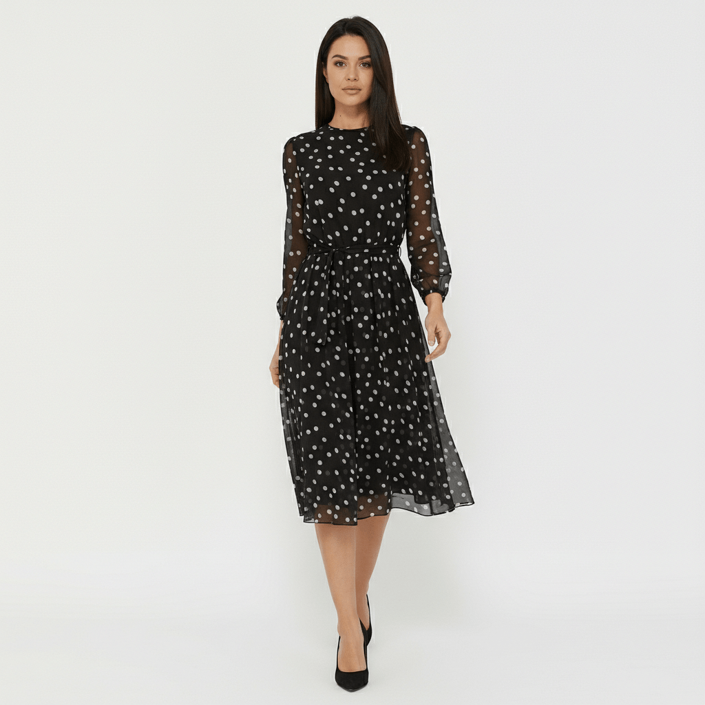 Robyn Polka Dot Mesh Midi Dress with Sheer Sleeves
