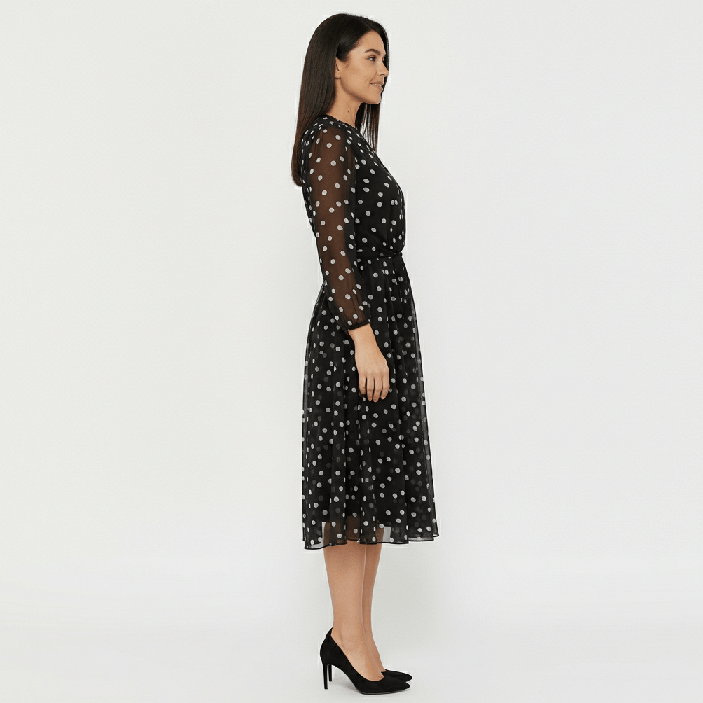 Robyn Polka Dot Mesh Midi Dress with Sheer Sleeves