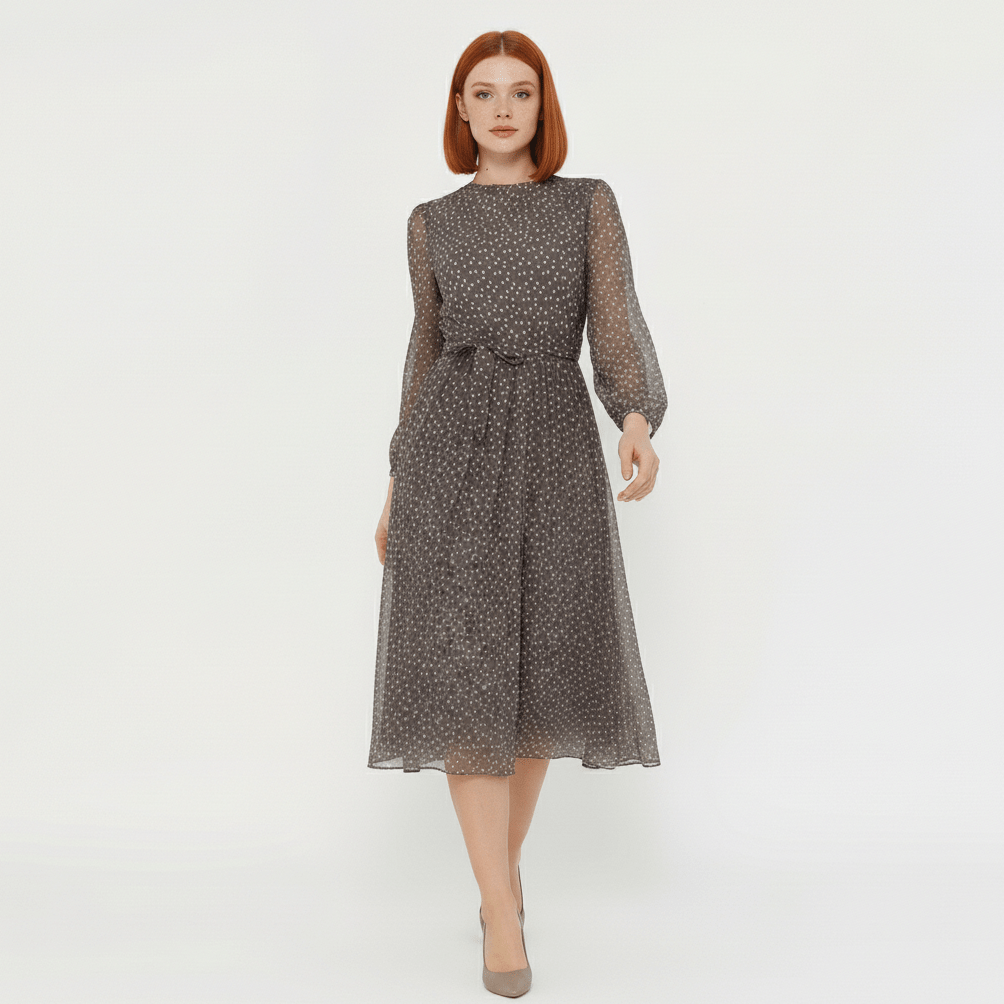 Robyn Polka Dot Mesh Midi Dress with Sheer Sleeves - Storm Gray