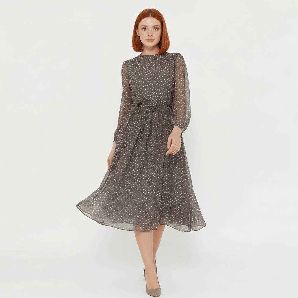Robyn Polka Dot Mesh Midi Dress with Sheer Sleeves