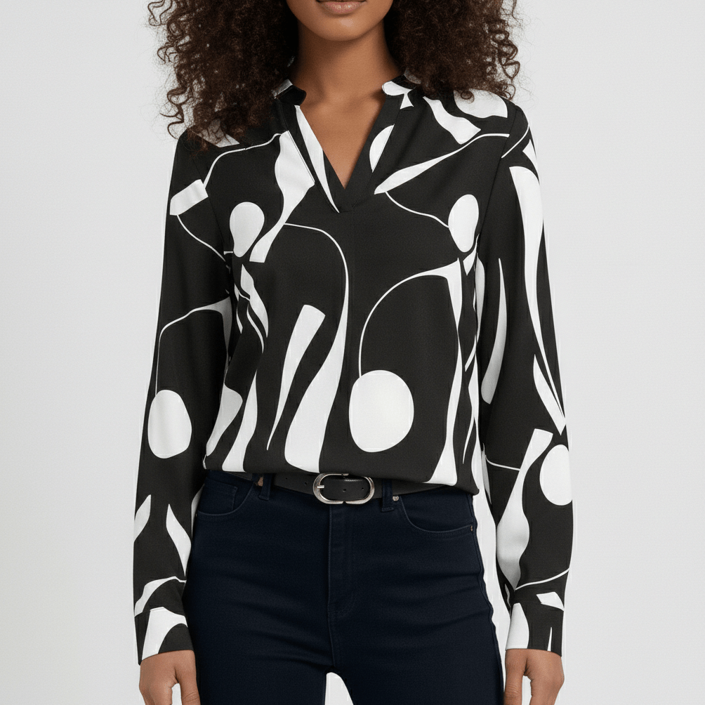 Rosetta Abstract Print Long Sleeve Blouse with V-Neckline - Jet Black