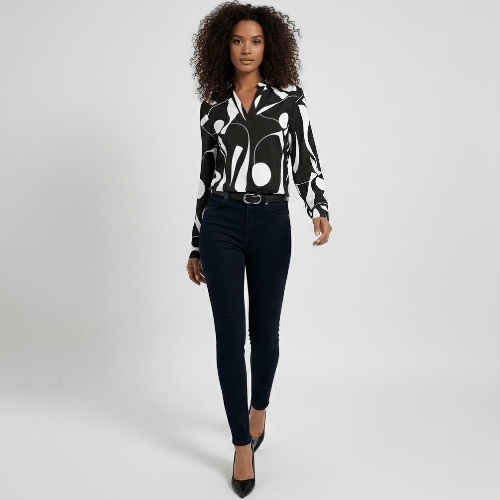 Rosetta Abstract Print Long Sleeve Blouse with V-Neckline