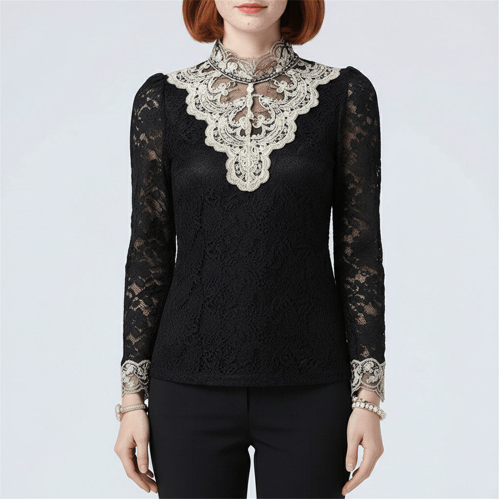 Rosie Embroidered Lace Blouse with High Neck and Sheer Sleeves - Classic Black