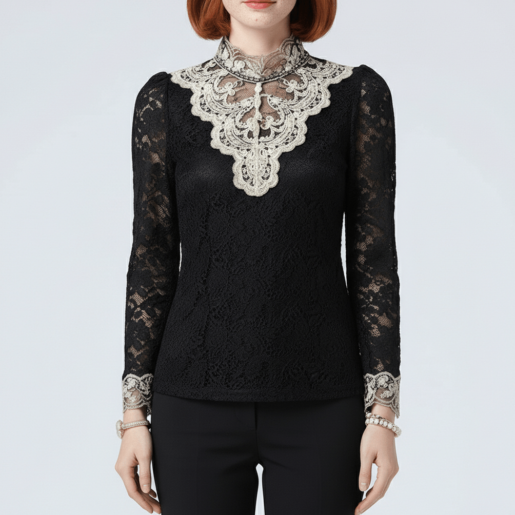 Rosie Embroidered Lace Blouse with High Neck and Sheer Sleeves - Classic Black