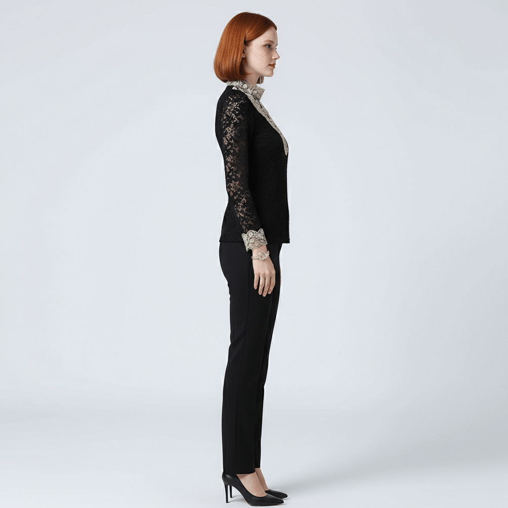 Rosie Embroidered Lace Blouse with High Neck and Sheer Sleeves