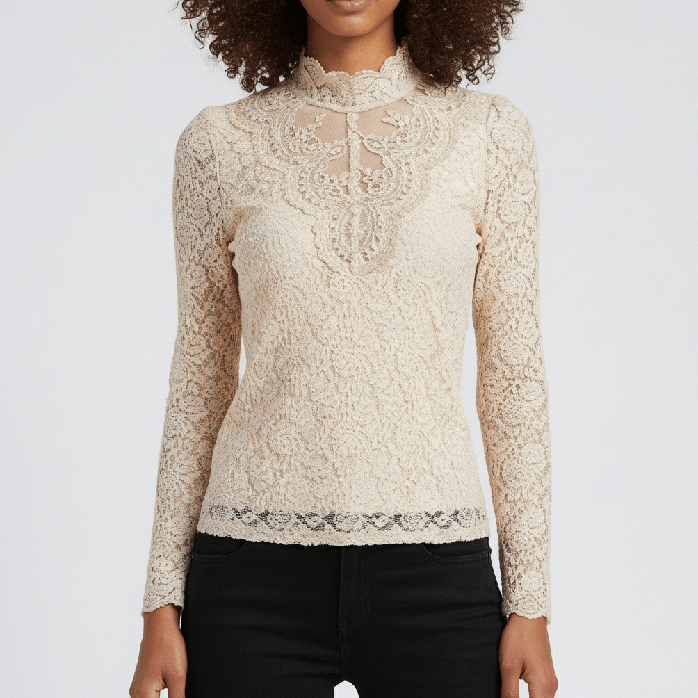 Rosie Embroidered Lace Blouse with High Neck and Sheer Sleeves - Pale Beige