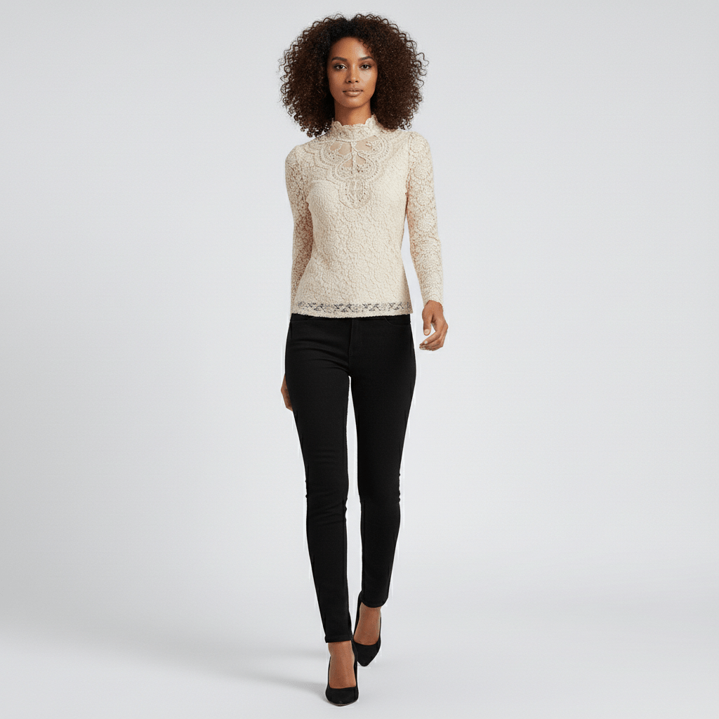 Rosie Embroidered Lace Blouse with High Neck and Sheer Sleeves