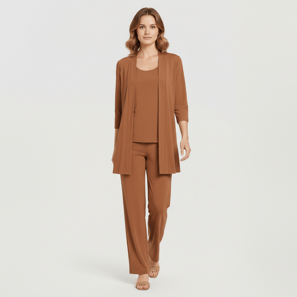 Ruth Two Piece Set Open Front Cardigan and Wide-Leg - Terracotta Brown