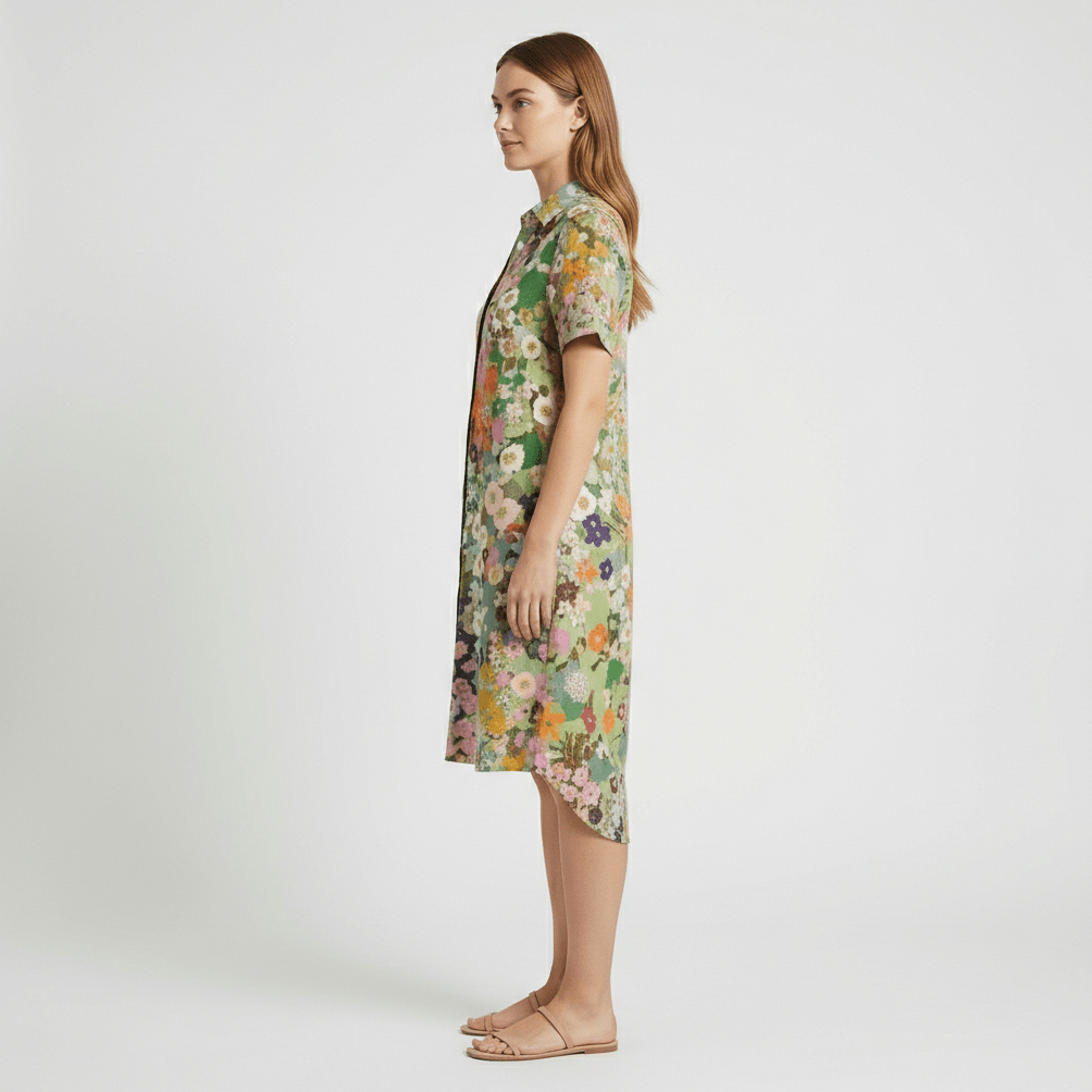 Sandra Short Sleeve Shirt Collar Midi Dress with Printed Pattern