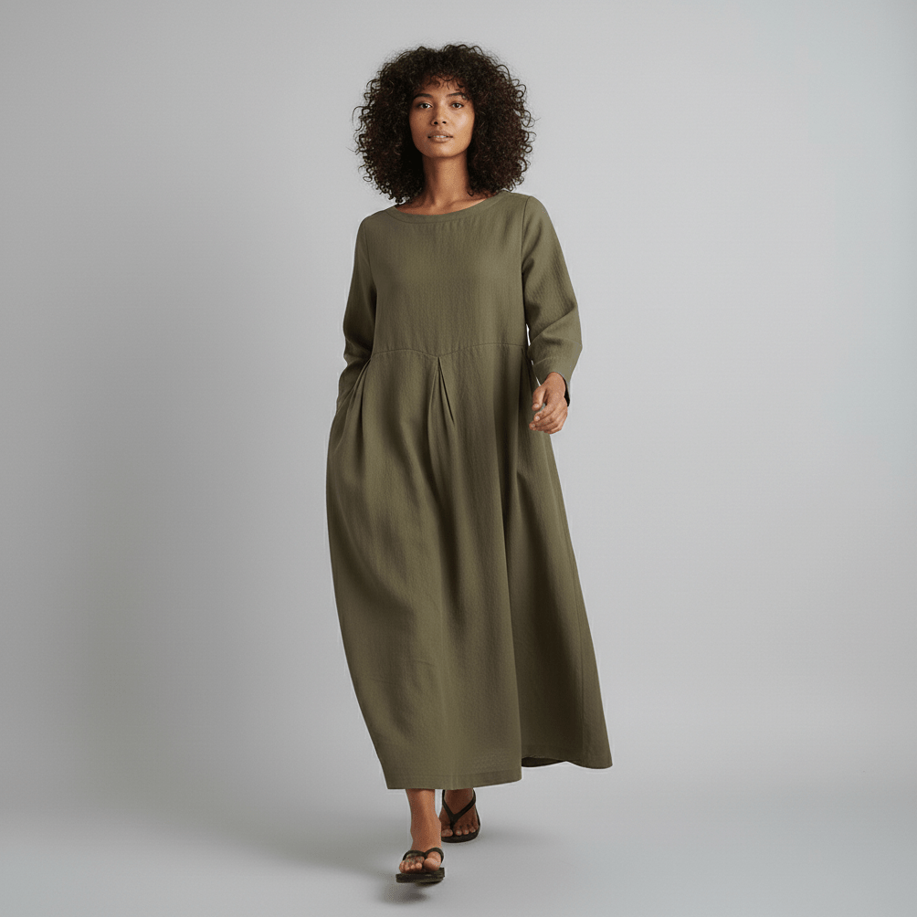 Shirley Round Neck Oversized Maxi Dress for Women with Side Pockets - Olive Green