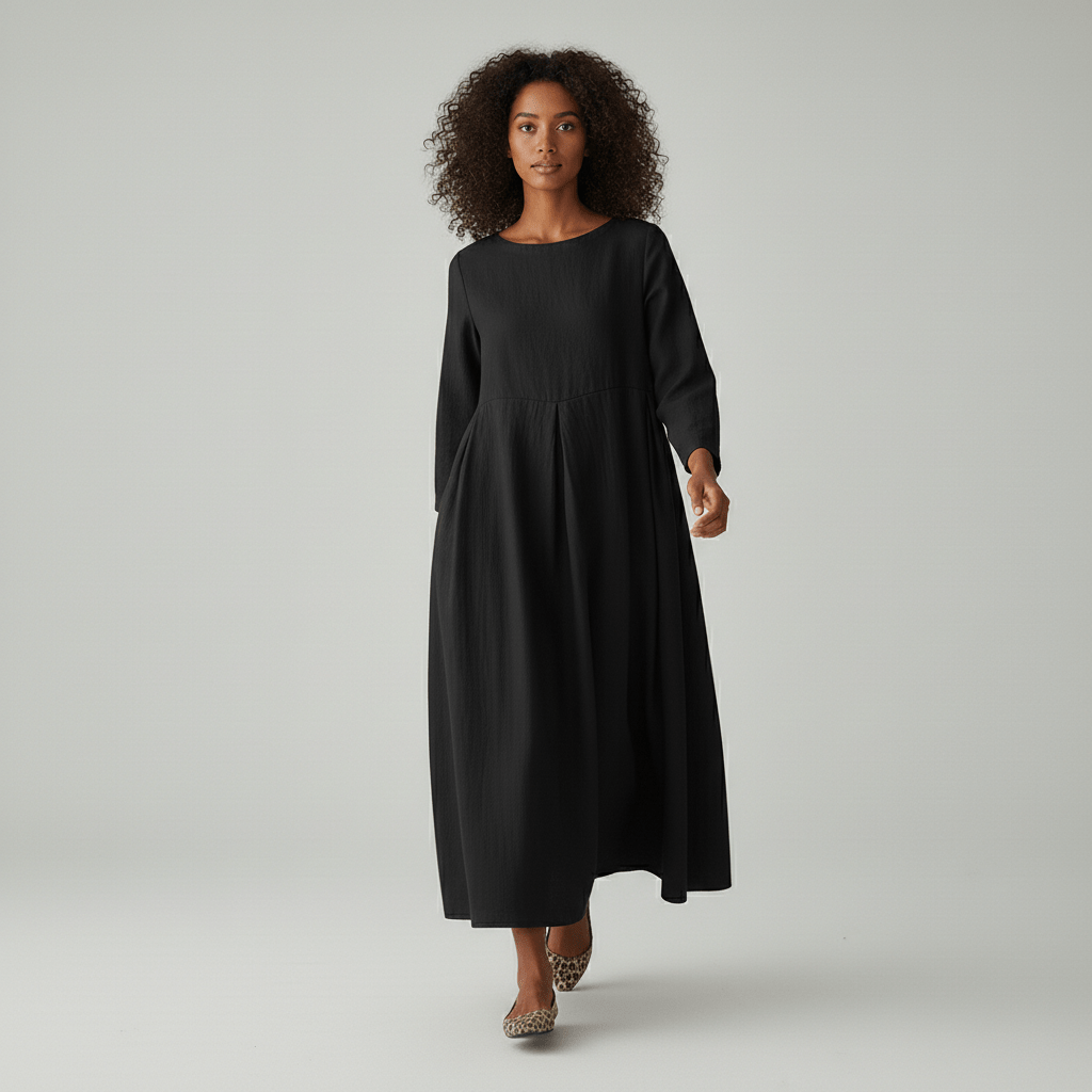 Shirley Round Neck Oversized Maxi Dress for Women with Side Pockets - Classic Black