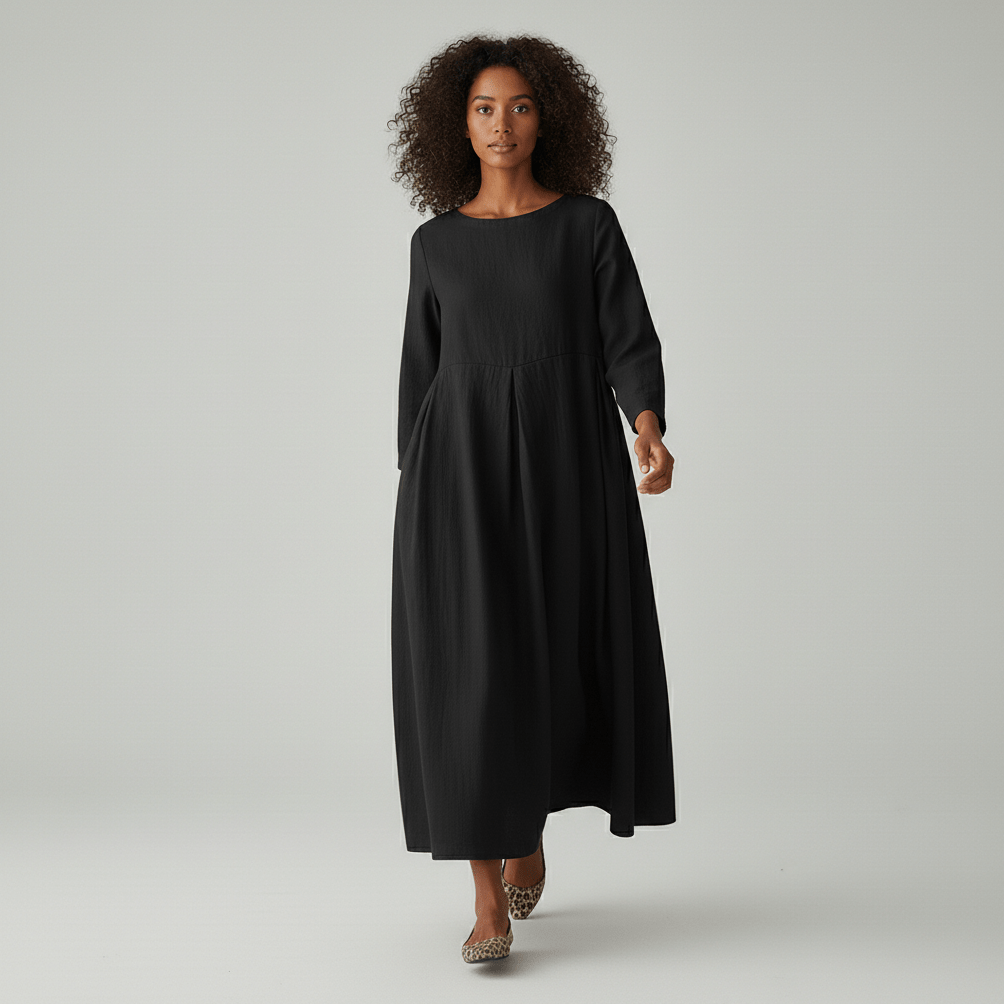 Shirley Round Neck Oversized Maxi Dress for Women with Side Pockets - Classic Black